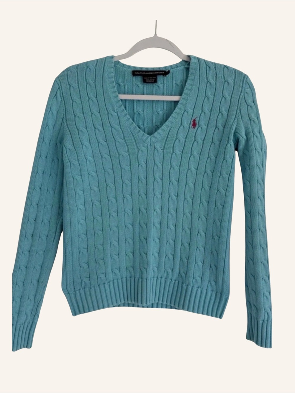 Ralph Lauren Sport Aqua Blue Long Sleeve Cable V-Neck Sweater Cotton Size Small